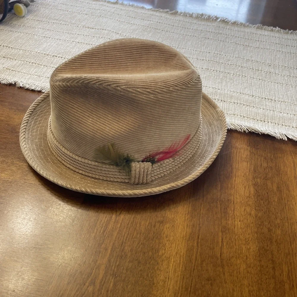 VTG Corduroy Tan Feathered Fedora Men's Hat Made In USA Size L Amalgamated Union